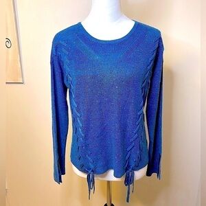a.n.a Ribbed Crewneck Lace-Up Detail Long Sleeve Sweater Blue XS NWOT